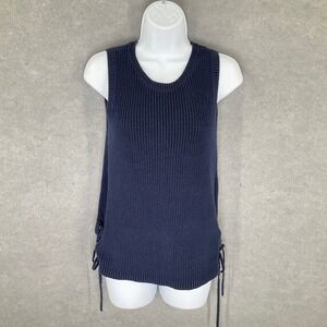 Talbots Womens Sz‎ S Petites Blue Cotton Knit Sleeveless Tank Top Lace Up Sides